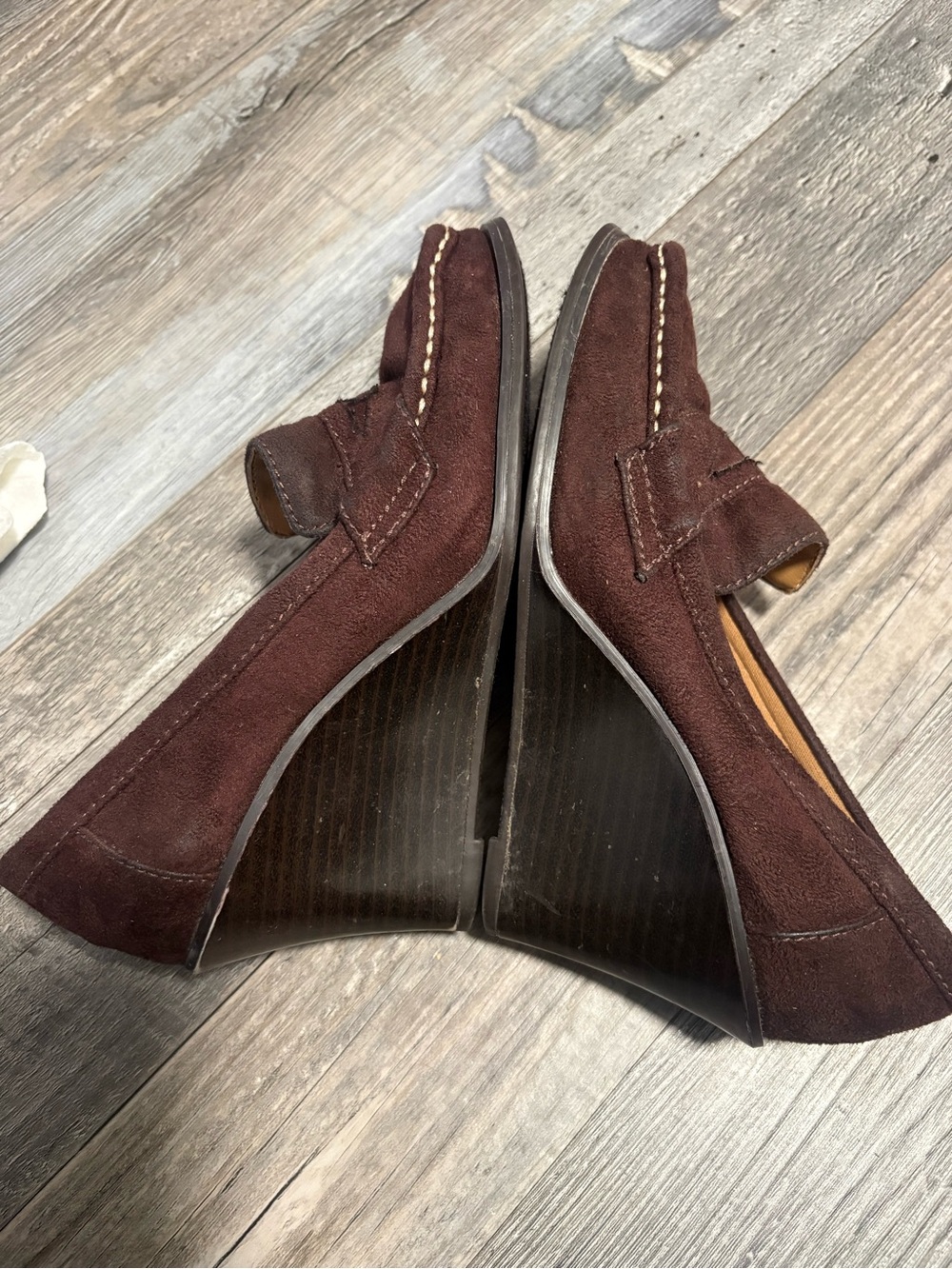 Vintage 90s y2k Brown Faux Vegan Suede Wedge Heel Square Toe Punk Penny Loafers